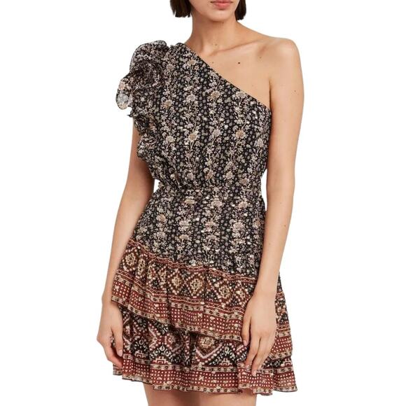 ULLA JOHNSON Kaia One Shoulder Ruffled Silk Georgette Metallic Dress - Picture 1 of 8